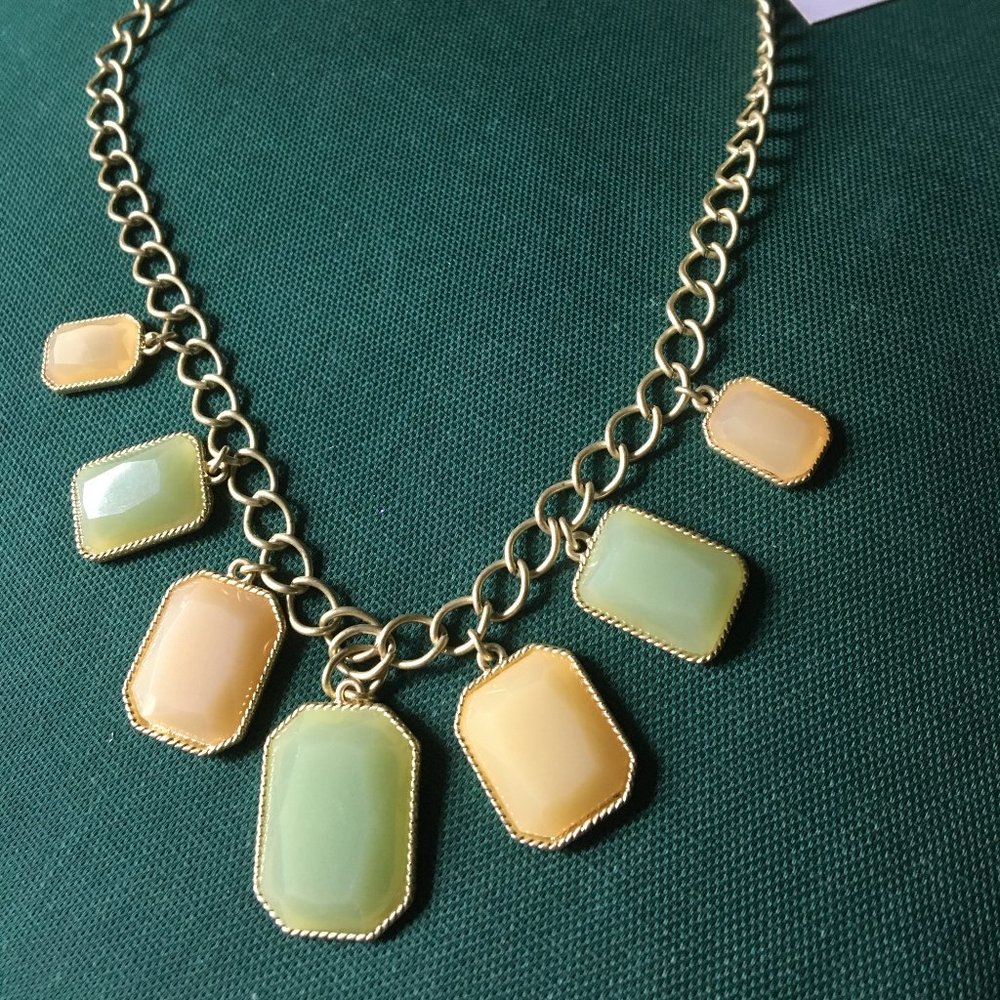 Vintage gold tone necklace lime green, yellow rectangles